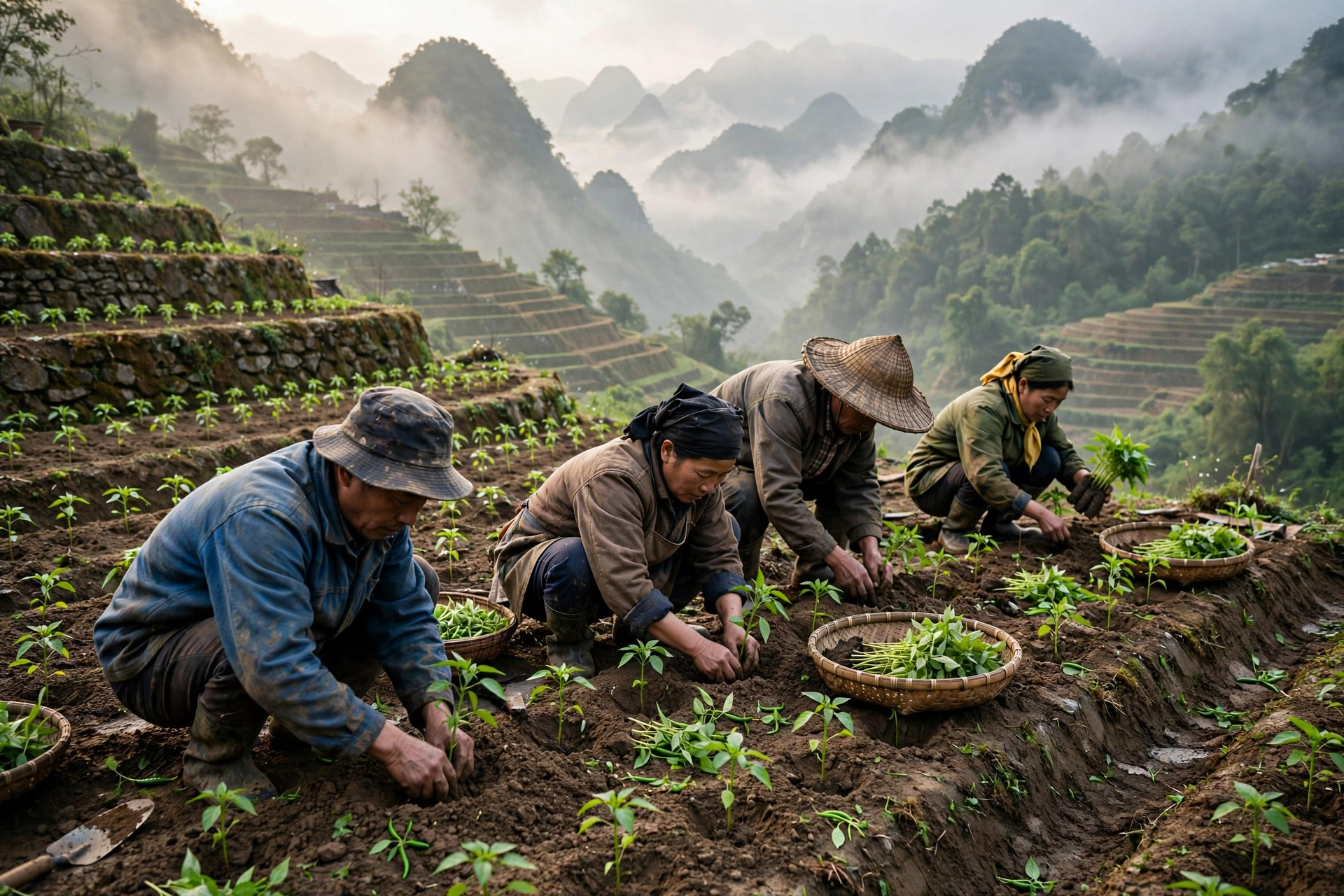 农民在山地里种植辣椒